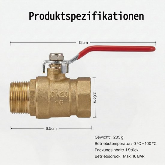 Kogelkraan 3/4 inch messing met lange hendelgreep, afsluitventiel DN20 PN16 (1,6 MPa), waterafsluitkraan voor tuin, huis en industrie — afbeelding 4