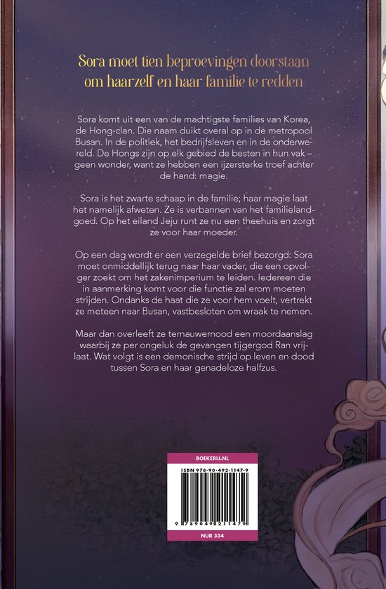 Achterkant boek: tekst met de samenvatting van het verhaal, de ISBN en de barcode.