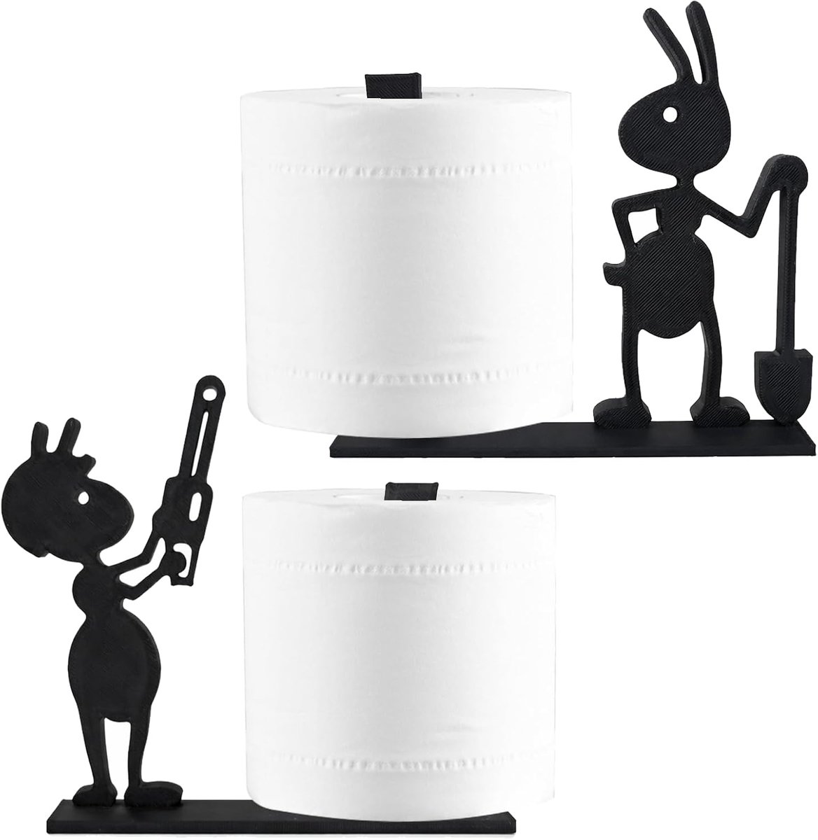 Toiletpapierhouders, set van 2 stuks, exclusieve badkamersculptuur voor creatieve interieurvormgeving, 3D-printdesign met kettingzaag en schep, zwart, vrijstaand