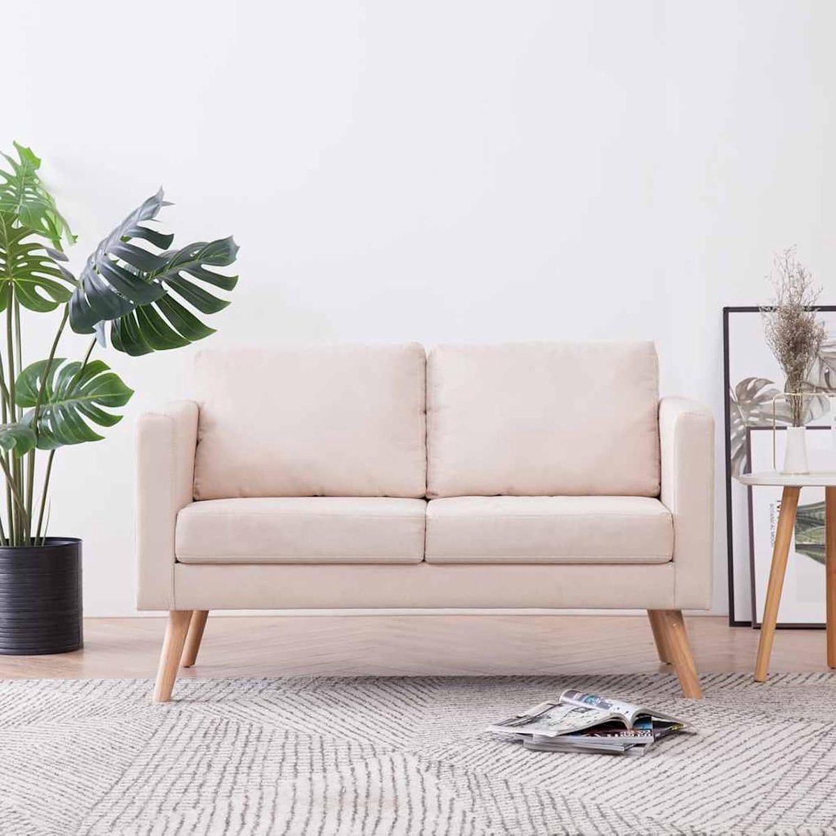 2-zitsbank met zitkussen, gestoffeerde bank, voor woonkamer, kantoor, bed, lounge, slaapbank, houten frame en stof, 116 x 70 x 73 cm, crèmewit