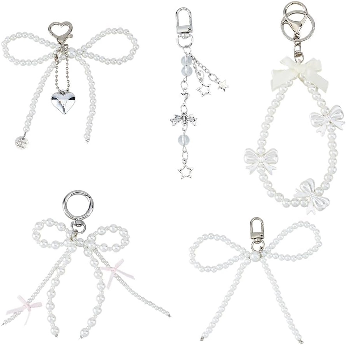 Dailygoods- Sleutelhanger Set 5 Stuks - Parel/Boog/Strik - Esthetische Tas Charms - Gemengde Kleur - 110-145 cm Lang - Uniek Ontwerp - Tasbedel
