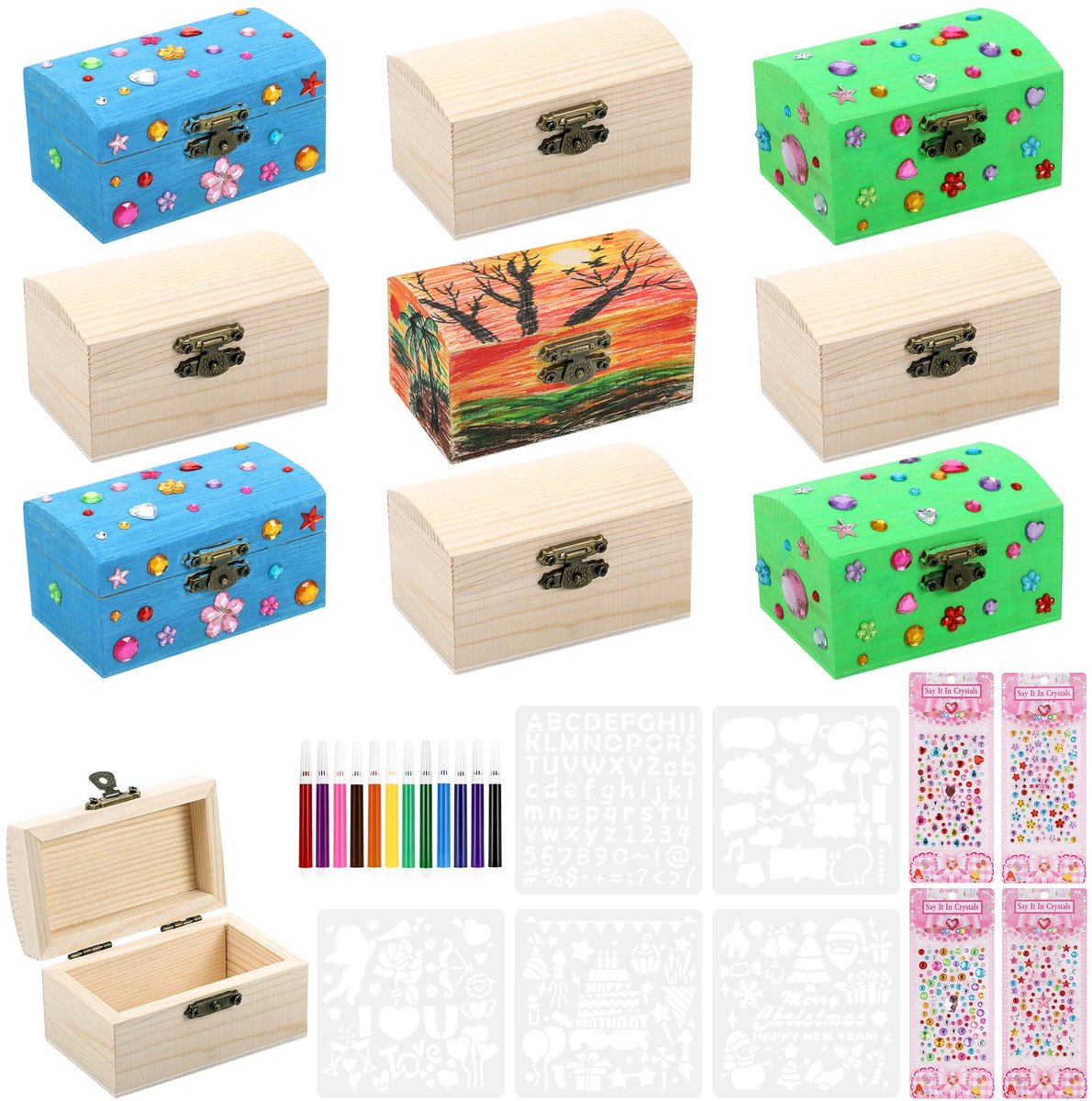 Dailygoods- Houten Doos - 10 Stuks - Mini Schatkist - DIY Creatieve Cadeaus - Houten Doos met Scharnierdeksel - Inclusief Stickers en Potloden - Opber