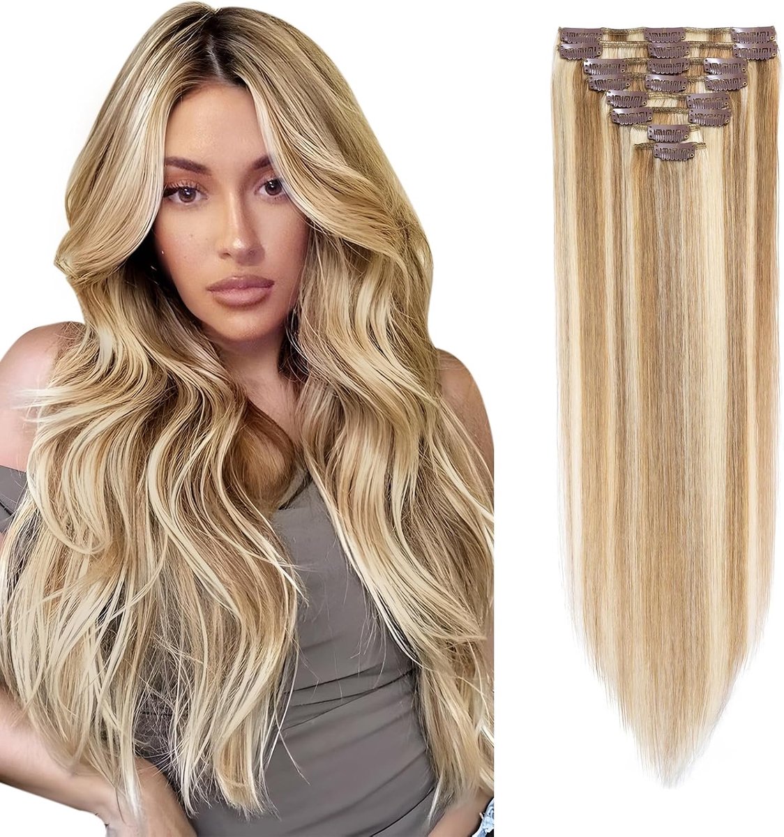 Clip-in extensies van echt haar, 8-delige set, haarverlenging, echt haar, clip, #12P613, goudbruin en gebleekt blond, 35 cm