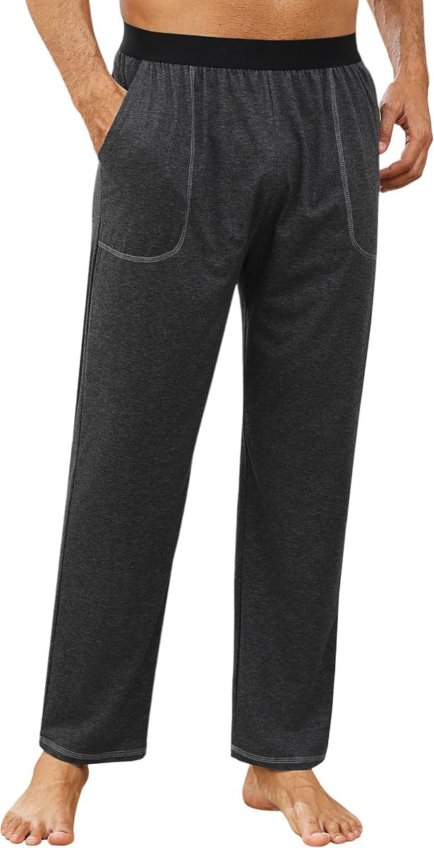 Pyjamabroek voor heren, katoenen broek, lange pyjamabroek, huisbroek met 2 zakken, comfortabele brede effen broek, S-3XL