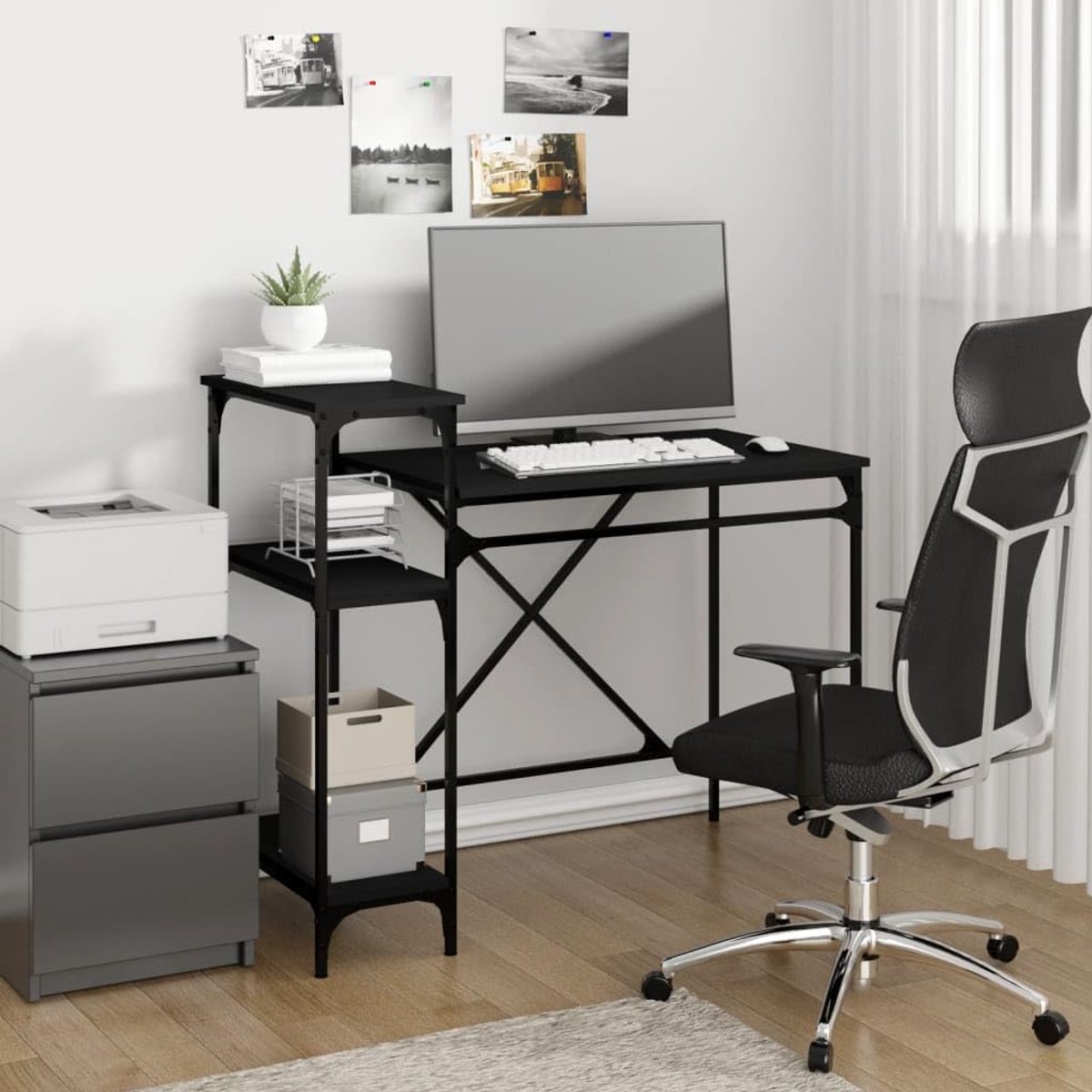 Bureau met 3 planken, 105 x 50 x 90 cm, computertafel van hout en ijzer, industriële stijl, groot werkblad voor kantoor en thuis