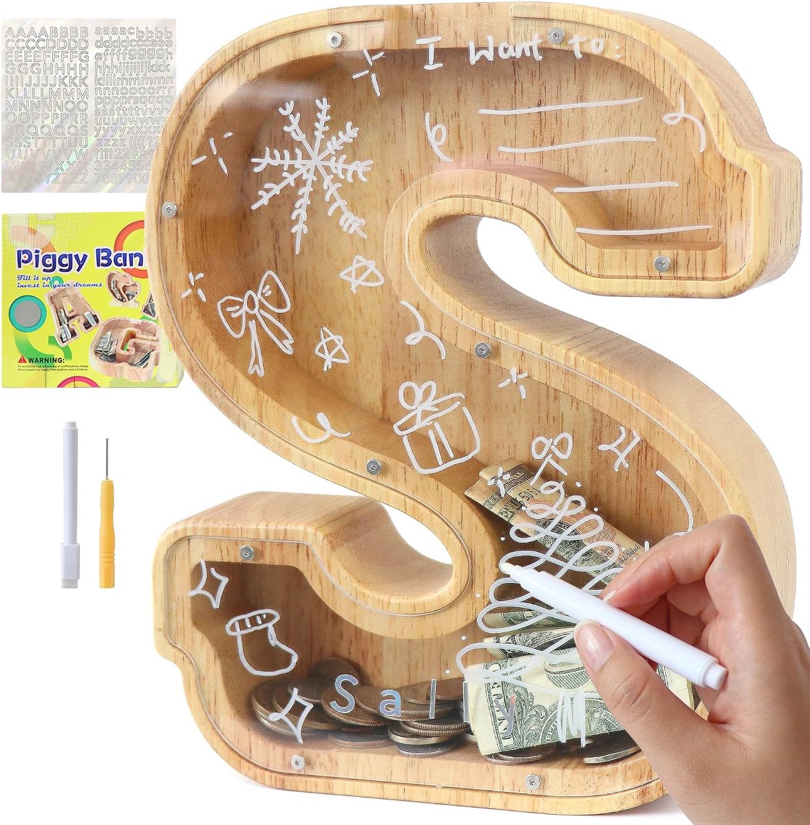 Spaarpot voor kinderen, jongens, meisjes, spaarvarken, kinderen, spaarpot, gepersonaliseerd, doorzichtig, letters, hout, A-Z, met doelbereik, stickers en marker, doop, cadeau, decoratie (S)