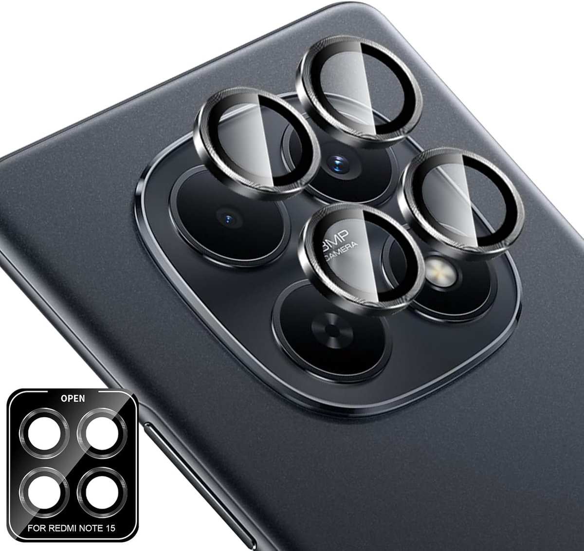 Camerabescherming voor Xiaomi Redmi Note 15 4G pantserglas, 9H-hardheid, individuele camerabeschermfolie, krasbestendig, individuele ring van metaal, lensfolie, zwart