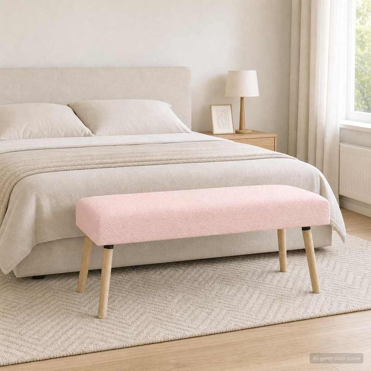 Sofa Bank Uni roze, bouclé stof gestoffeerde bank met rugleuning, 110 x 40 x 46 cm, voor woonkamer, slaapkamer, hal, entree