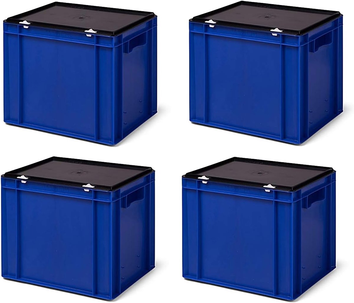 4 stuks TK432-VD, Transportstapelbak blauw met zwart afsluitdeksel, 400x300x331/320 mm (LxBxH), volume 29 liter, draagvermogen 45 kg, voedselveilige industriekwaliteit van PP