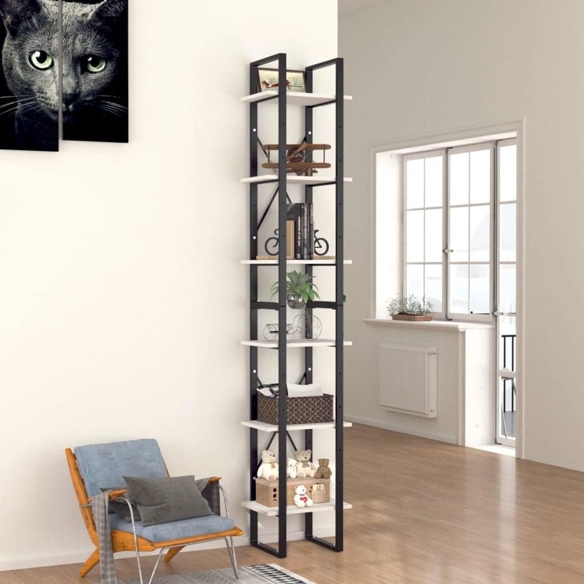 Boekenkast, 6 vakken, boekenkast, opbergrek, boekenplank, geschikt voor slaapkamer, werkkamer, kantoor, hal, wit, 40 x 30 x 210 cm, houtmateriaal