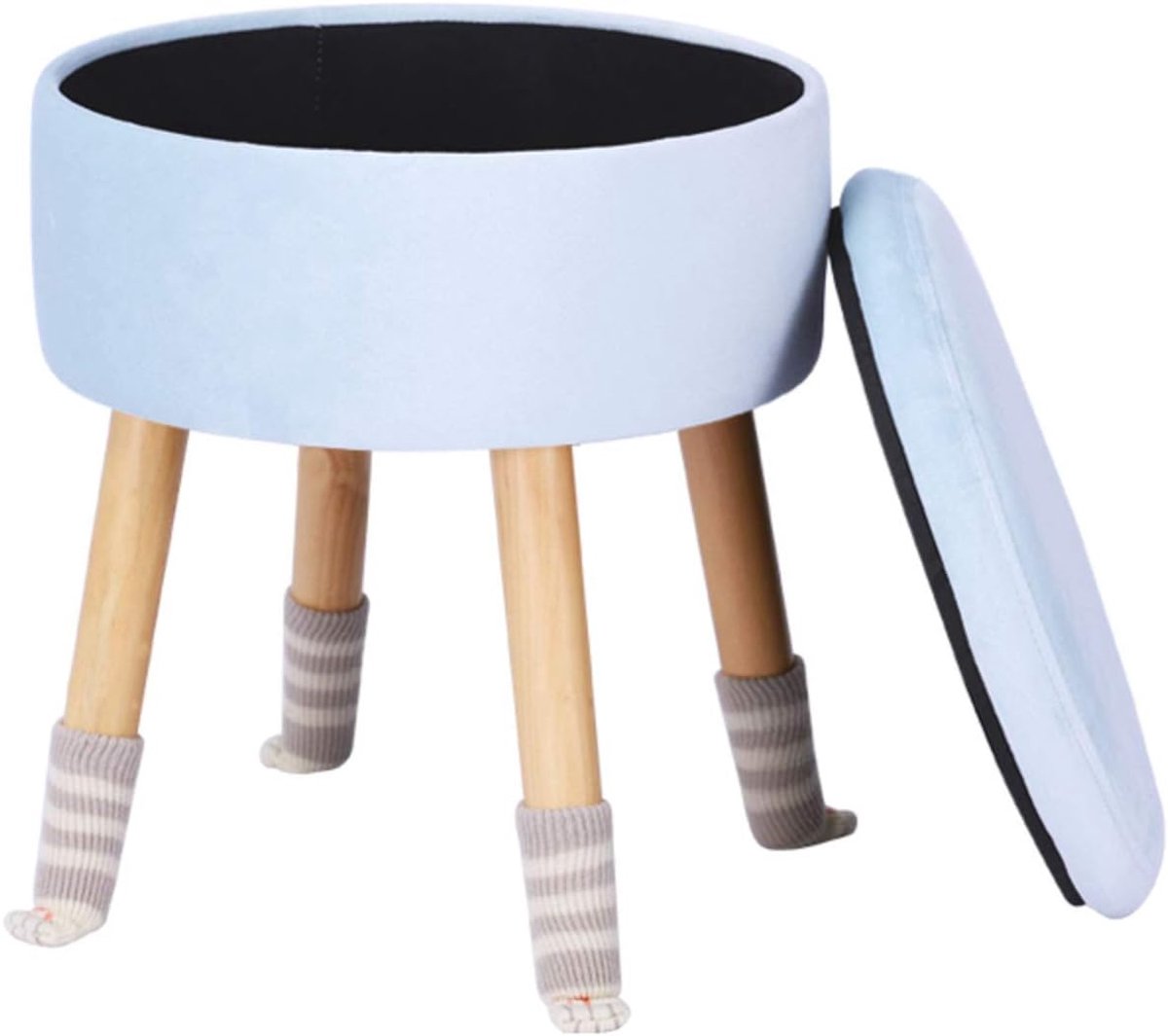 Ronde Ottomaan, Opslag Voetsteun Kruk Seat Poef Ottomanen Met Afneembaar Deksel En Antislip Houten Benen Voor Woonkamer, Slaapkamer-Romig blauw 37x37x43cm (15x15x17inch)