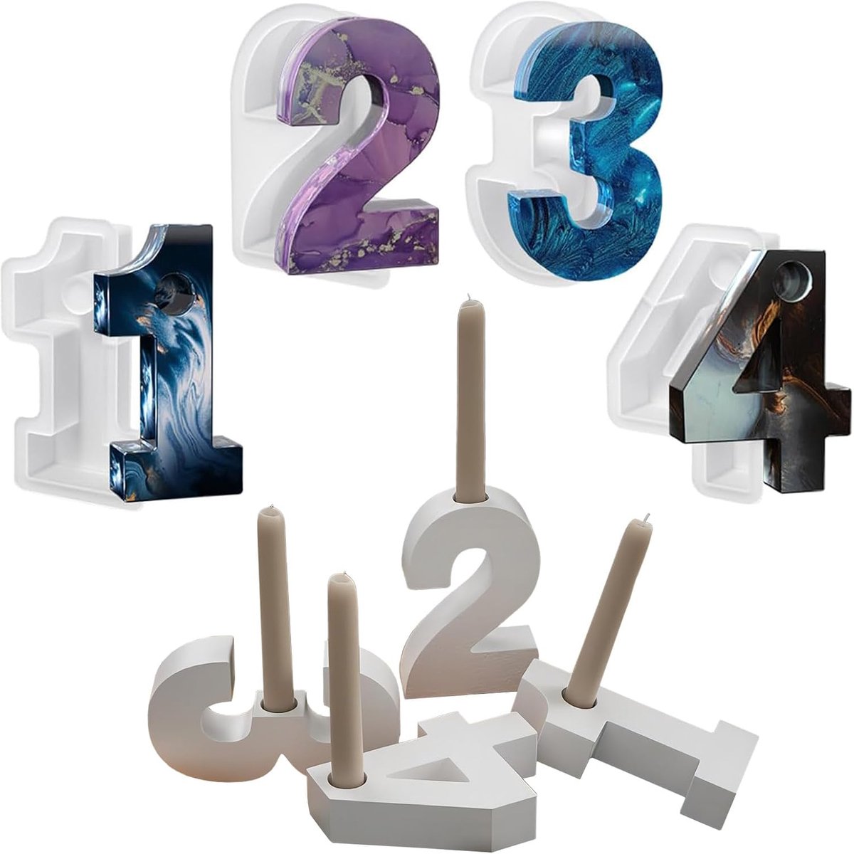 Kandelaar met cijfers, siliconen vorm, 3D-handgemaakte kaarsenhouder, casting vorm, kaarsenhouder, voor jubileumdecoratie, bruiloft, verjaardagsfeest