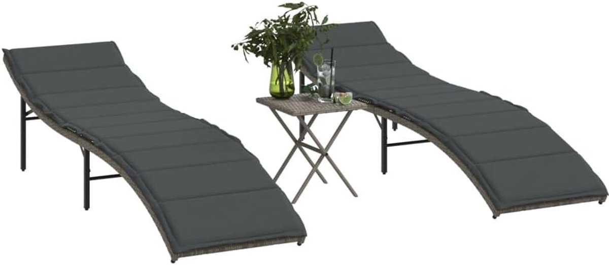 Zonneligstoelen, 2 stuks, met tafel, bijzettafel, tuinligstoel, relaxstoel, strandstoel, tuinmeubelen, ligstoel, saunaligstoel, grijs, polyrotan