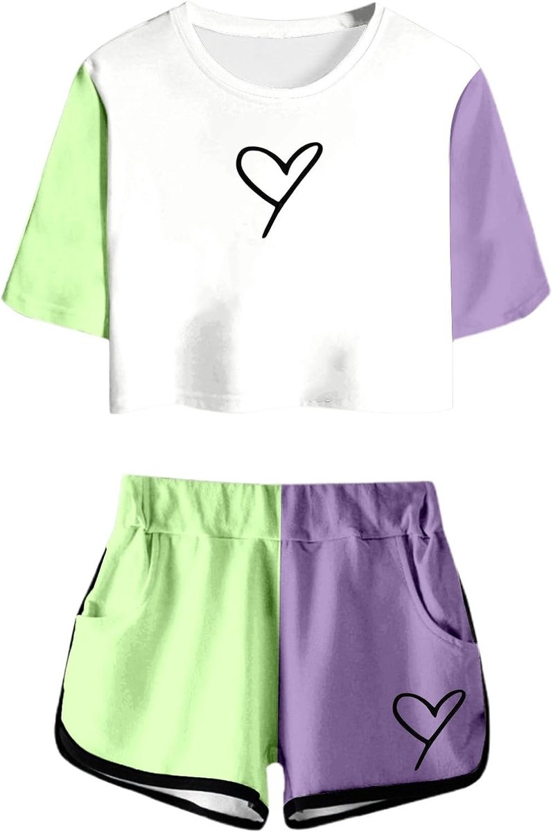 Zomershirt en shorts met korte mouwen voor meisjes, casual outfit met ronde hals en zakken voor tieners en junioren, licht en comfortabel