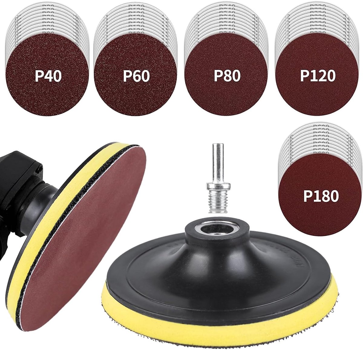 125 mm, klittenband, 50 stuks schuurpapier met M14 schuurpad en schacht voor haakse slijper, schuurpads met korrel 40/60/80/120/180 voor hout, metaal en autopolitoer