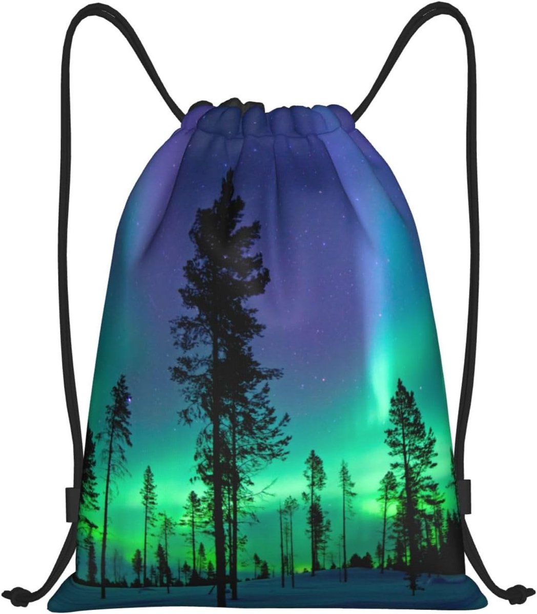 Trekkoord Rugzak Finland Aurora Borealis Sport Gym Tas Voor Womens Mens Lapland Lichtgewicht Grafische Dagtrips Rugzak Tas, Zwart, Eén maat