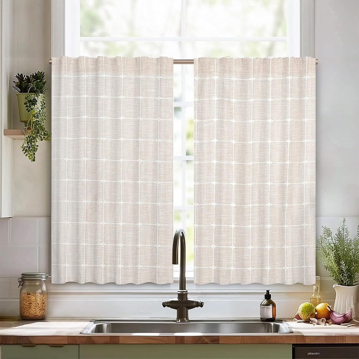 60 x 90 cm keukengordijn Boheemse strepen beige geruit koffiegordijnen kleine ramen semi-transparant linnen korte gordijnen voor gootsteenkast badkamer eetkamer, 2 panelen
