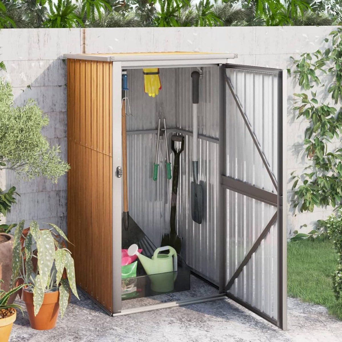 Gereedschapsschuur voor de tuin, gereedschapsschuur, verzinkt staal, bruin, 88 x 89 x 161 cm