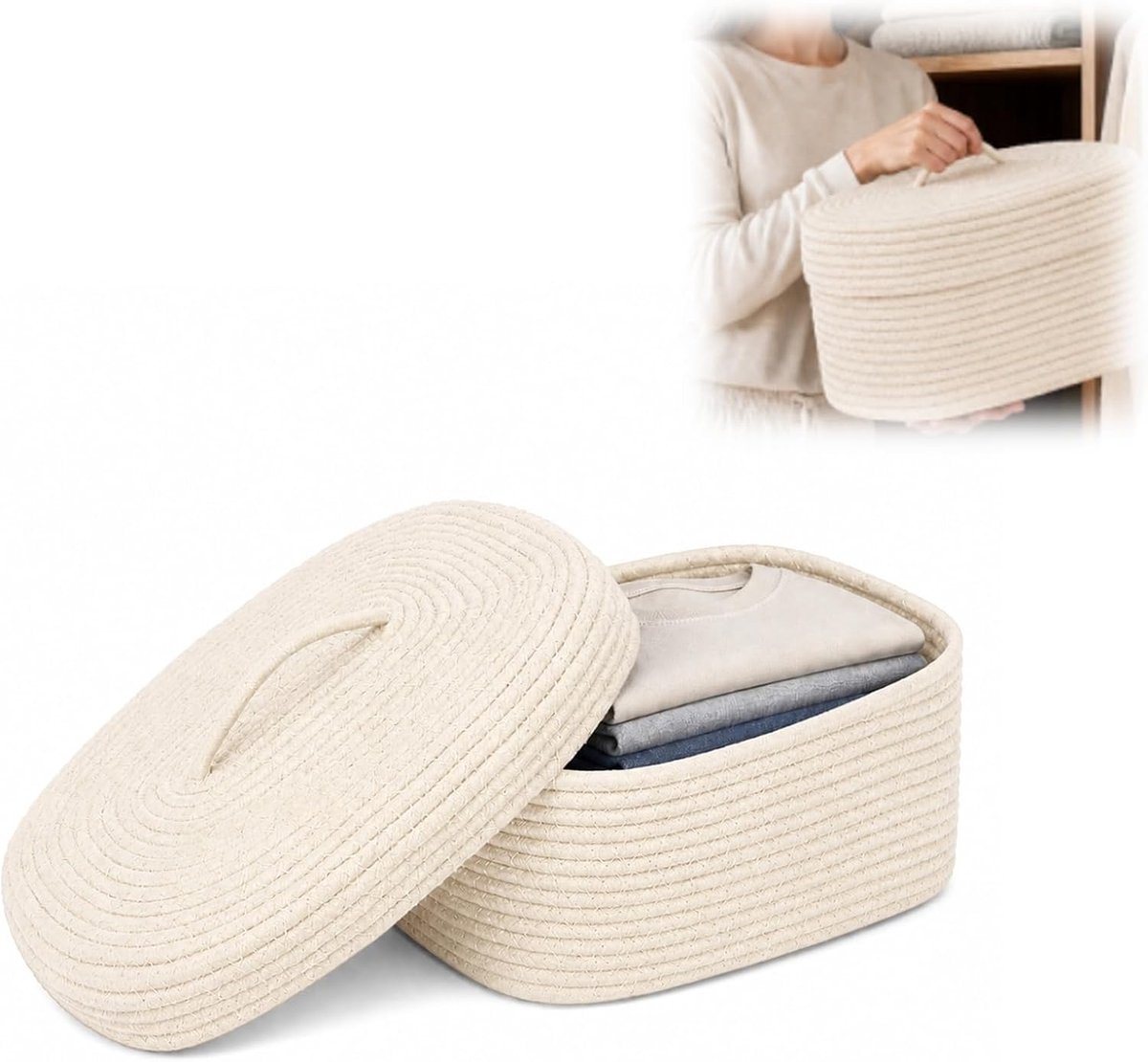 Opbergmand van katoenen touw met deksel, 13,8 l, opvouwbare stof, organizer, box, universele opbergdoos voor kinderkamer, slaapkamer, keuken en kantoor, 38 x 28 x 16,5 cm (beige)