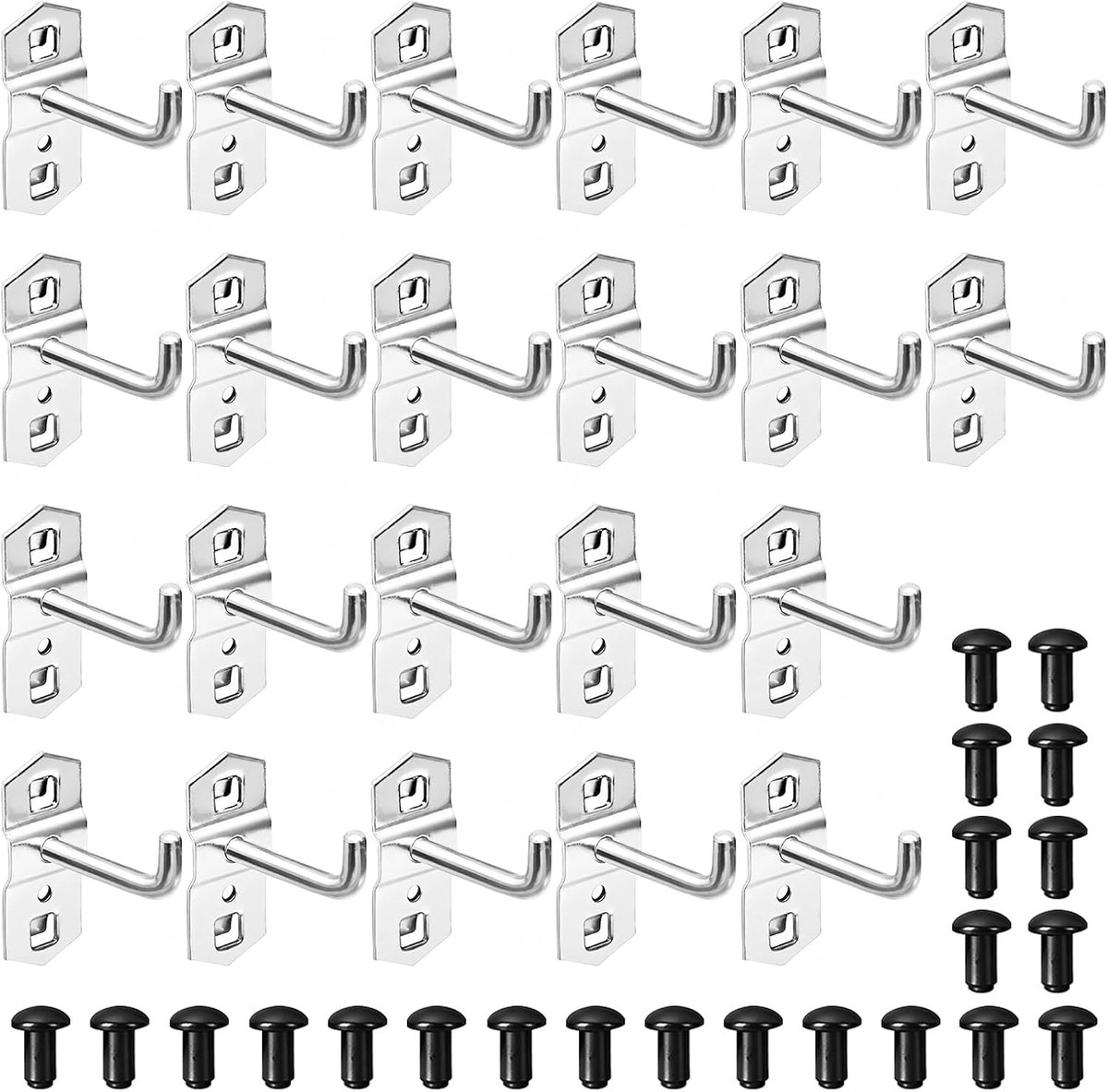 20 stuks supermarkt plankhaken, 50 mm gatenwandhaken, gereedschapswand haken met 20 borgpennen, gatenwand, accessoires, rek, gatenwandhaken, staal, gereedschapshouder voor werkplaats, muur, garage