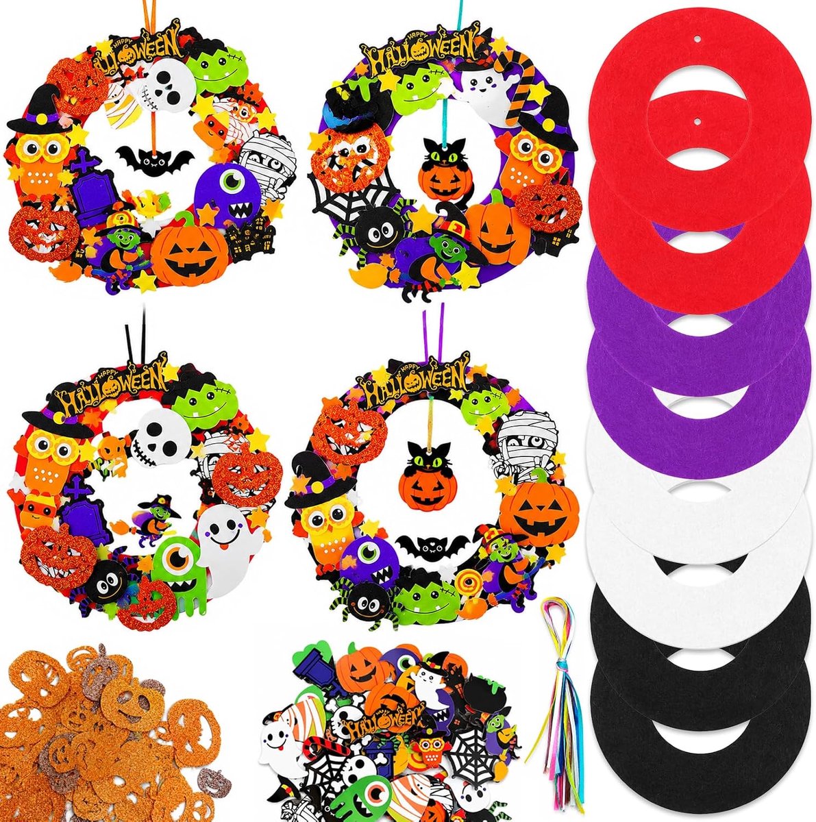 8-delige Halloween-kransset voor kinderen, Ø 16 cm, Halloween knutselen voor kinderen, met 12 linten van 30 cm lengte voor feestjes, muren en ramen