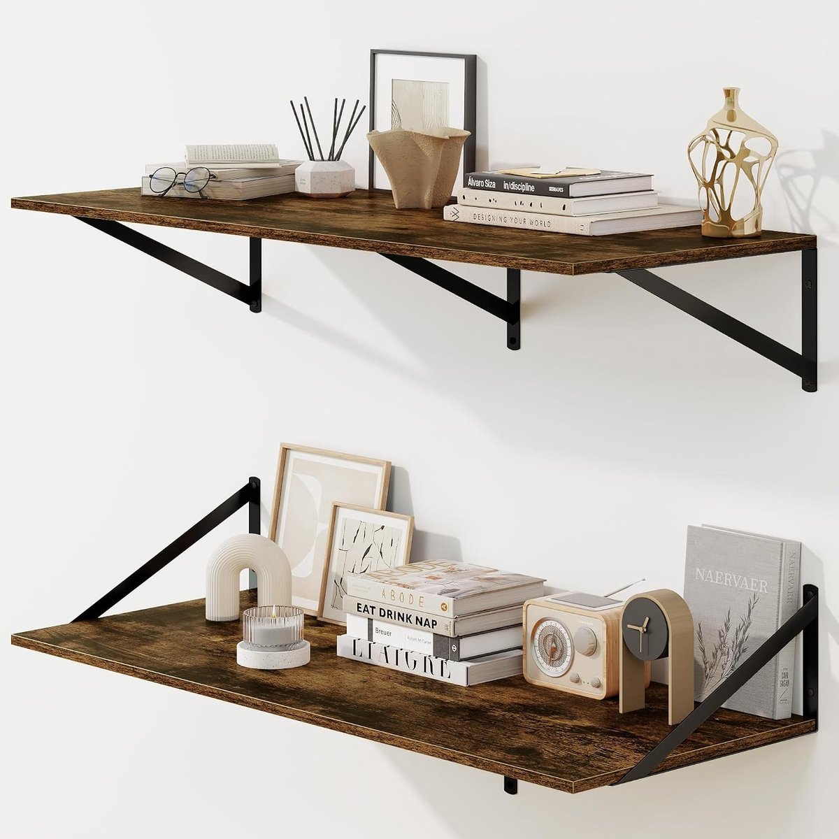 Zwevende planken voor muur, 30,5 cm diep zwevende planken, set van 2, 36 W x 12D, grote wandplank met stevige metalen beugels voor woonkamer, badkamer, slaapkamer en keuken, rustiek bruin