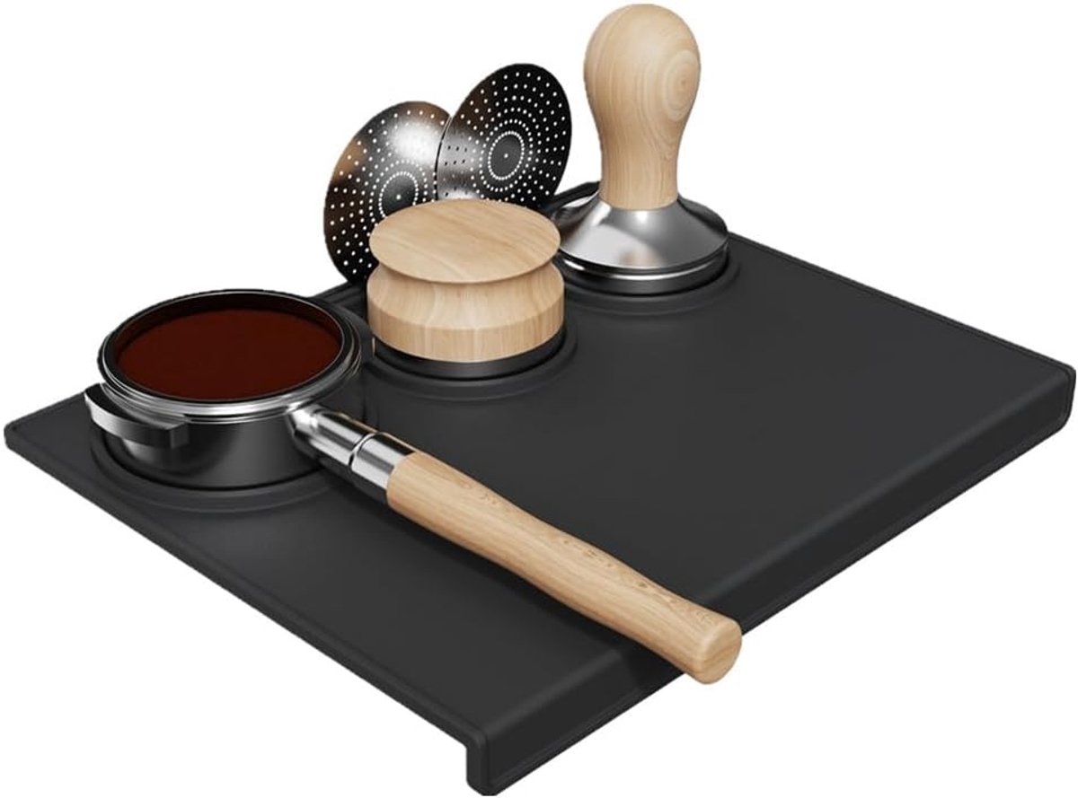 Siliconen mat voor het stampen van espresso-koffie, antislip, hittebestendig en waterdicht, ter bescherming van de toonbank, geschikt voor zeefdragers (zwart, hoekmodel)