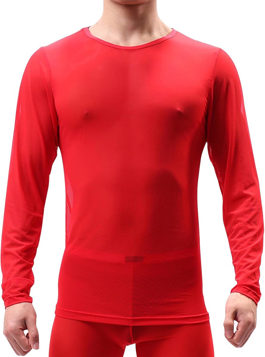 Netshirt voor heren, doorzichtig hemd, lange mouwen, transparant, sexy mesh-bovenstuk, rave, ademend onderhemden