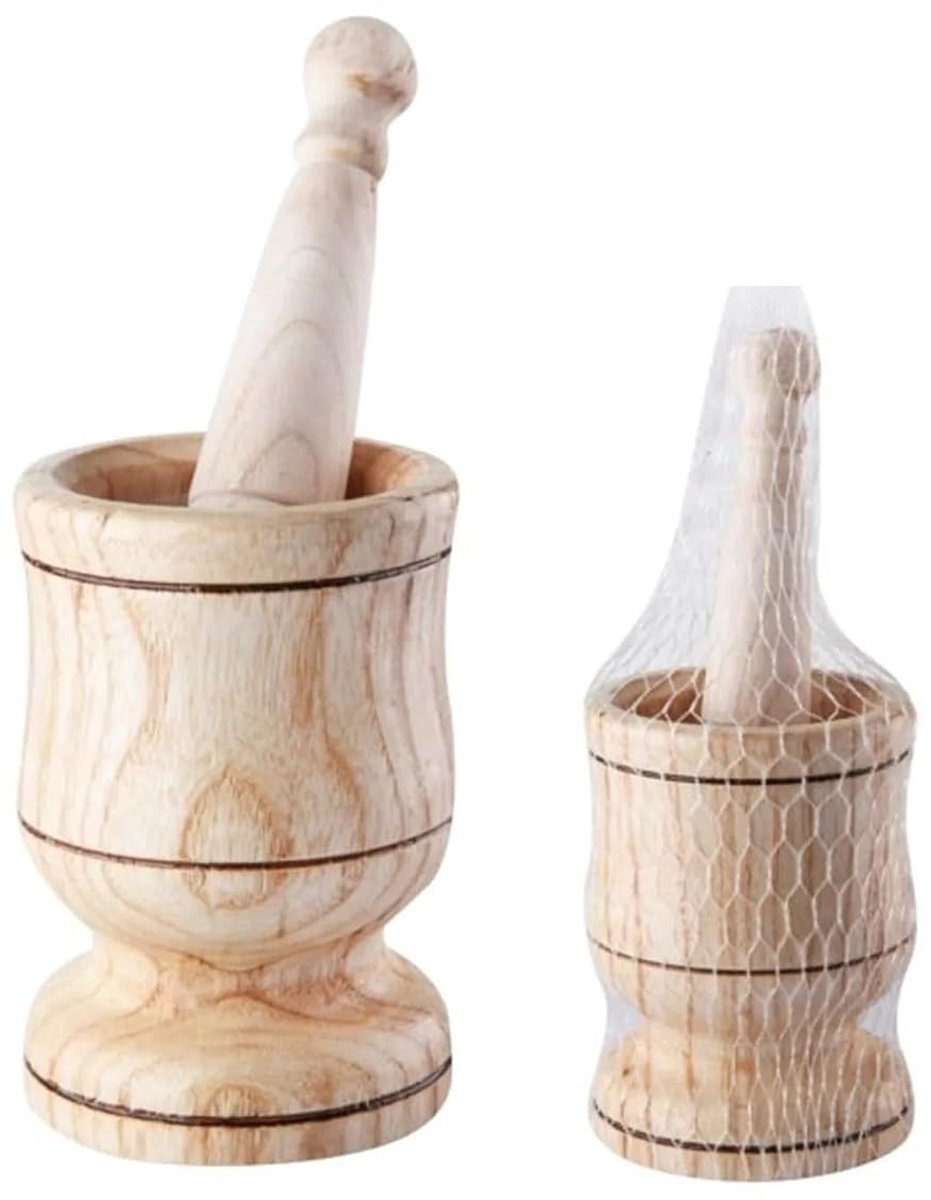 Vijzel- en stamperset: vijzel, kruidenmolen van hout voor kruiden, versnippert knoflook, gember, vanille, peper, noten, koffiebonen en specerijen