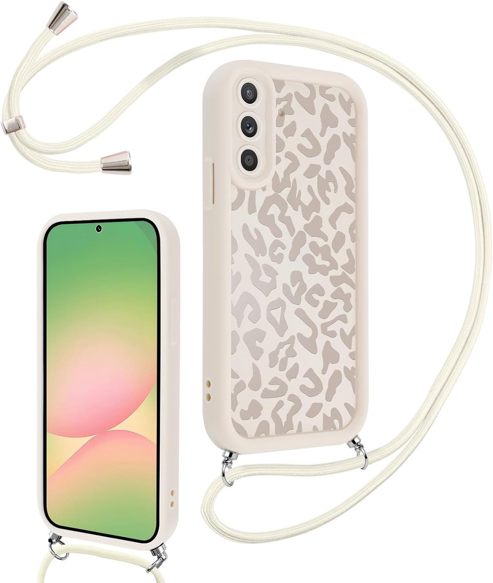 Beschermhoes met luipaard voor Samsung Galaxy A56 met trekkoord, esthetisch motief koe, wit zomerdesign, siliconen hoes, schokbestendig, met verstelbare riem, cadeau, schouderriem, halsketting