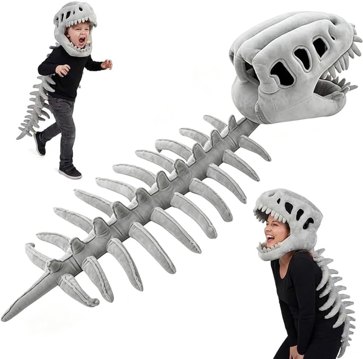 3D-skelet, 100 cm, realistisch dinosaurusskeletkostuum, voor cosplay, Halloween, carnaval, voor kinderen en volwassenen (grijs)