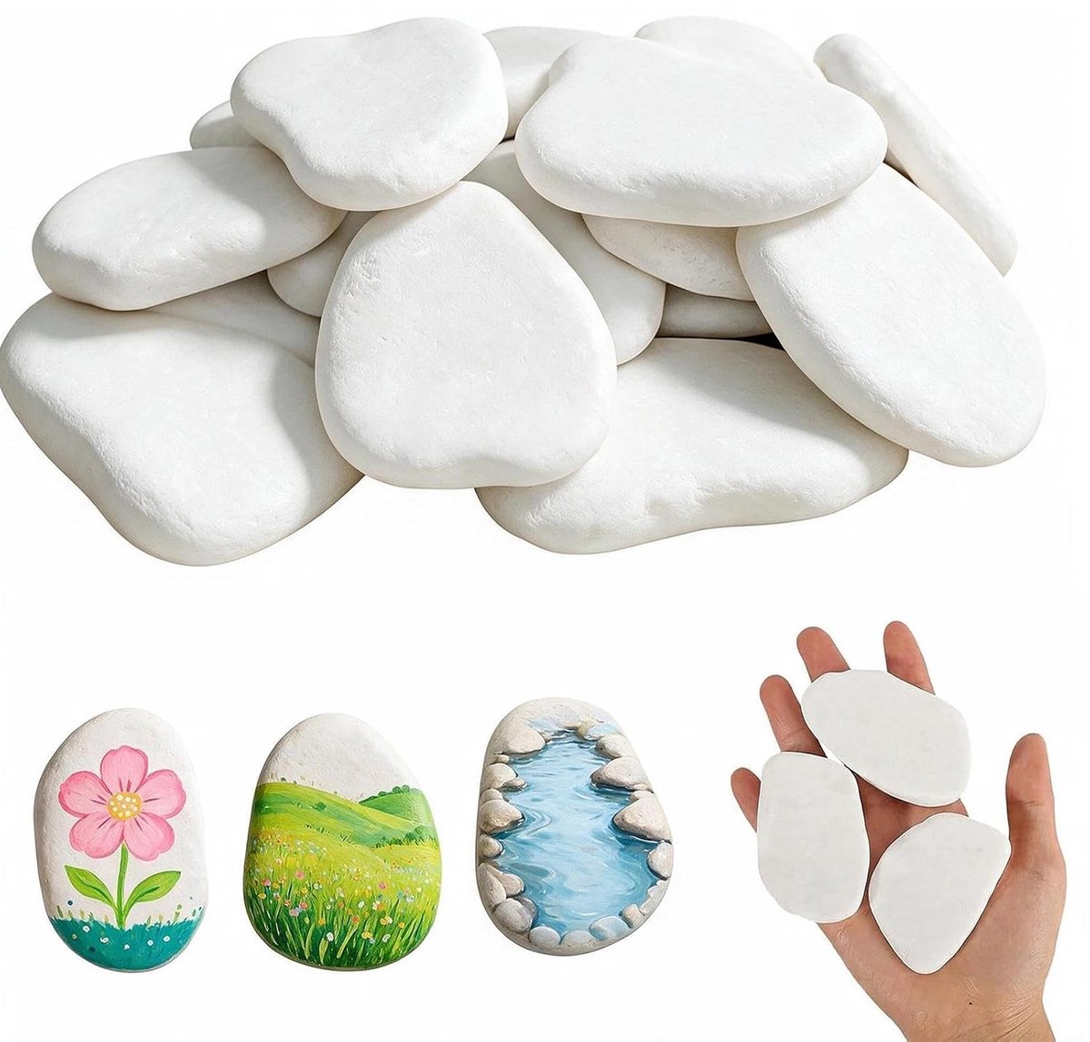 20 stuks platte stenen om te beschilderen, 5-8 cm stenen om te beschilderen, wit, kiezelstenen, strand, siergrind, voor doe-het-zelf kunst, tuinvormgeving, vaasarrangementen, potgrond