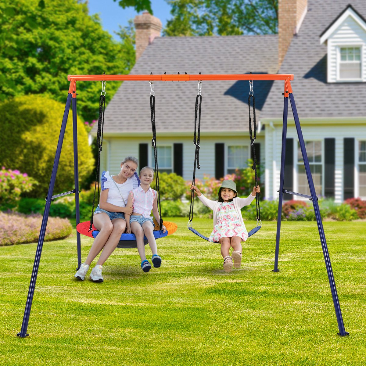 Dubbele Schommelset Voor Buiten Met Nestschommel En Schommelzitje - Stalen A-Frame Met Verstelbare Touwen - Blauw En Oranje - Tuinschommel Voor Kinderen