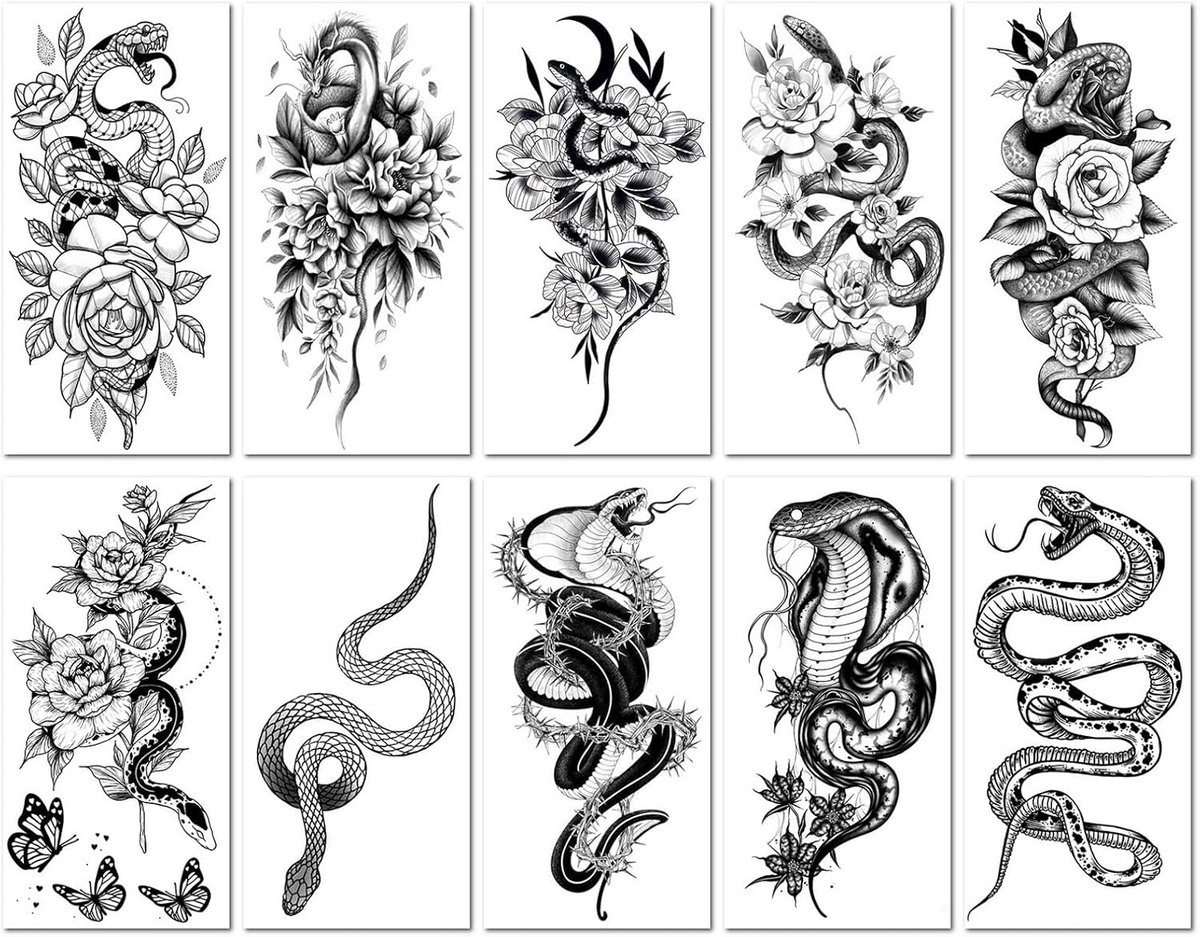 Tijdelijke Tatoeages Met Bloemen En Slangen- En Rozenontwerpen, Sexy Body Art-Stickers, Waterdichte Nep-Tatoeages Voor Vrouwen En Mannen.
