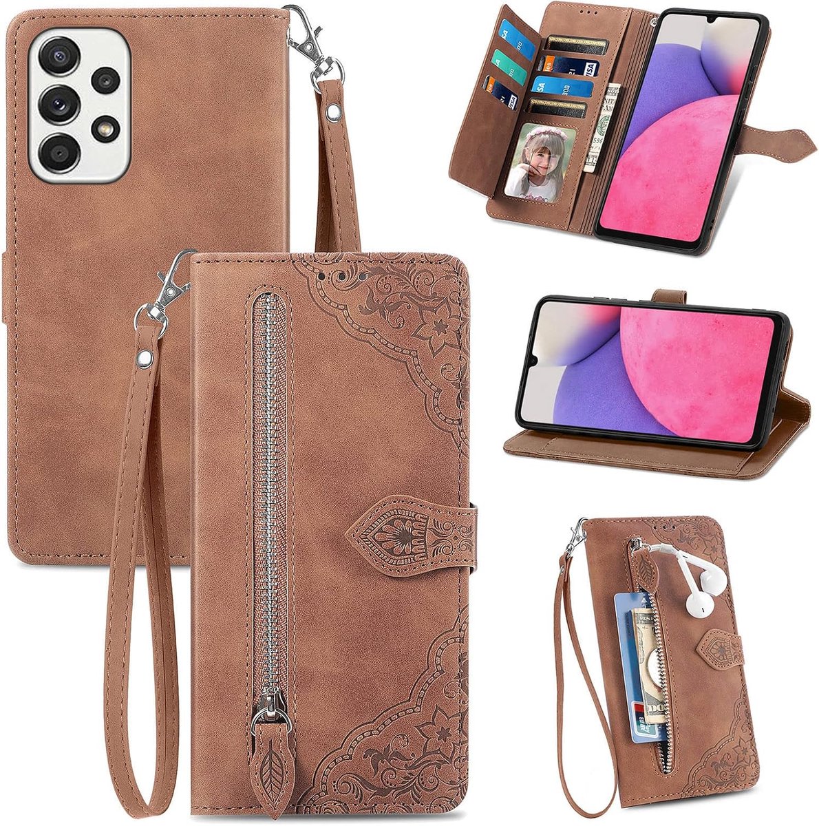 Hoes voor Samsung Galaxy A33 5G, standfunctie lederen telefoonhoes met grote capaciteit magnetische sluiting kaartsleuven compatibel met Samsung A33 5G - Bruin
