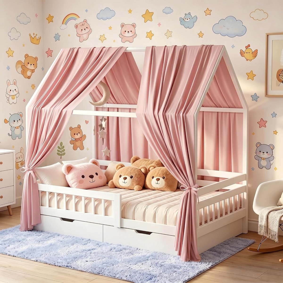 2 stuks huisbed, hemel, bedhemel, babybed van mousseline, zacht en ademend, baldakijn, kinderkamer, decoratie, huisbed, hemel, decoratieset voor meisjes en jongens, 62 x 270 cm, roze