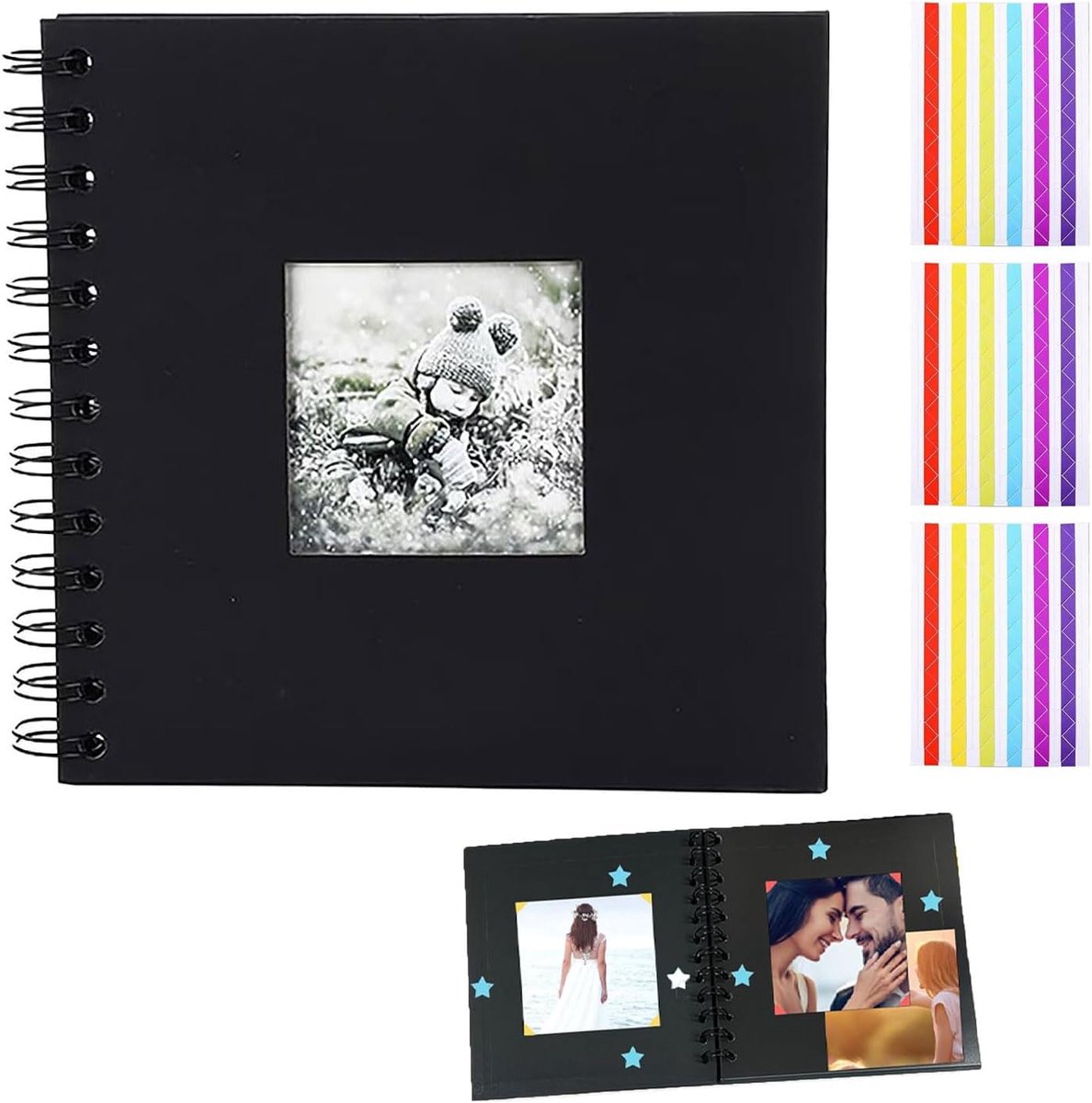 Fotoalbum om zelf vorm te geven, scrapbook met 40 pagina's, fotoboek, lege ringband om in te plakken, spiraalalbum voor verjaardag en vriend, bruiloft, geheugenfotoboek in zwart