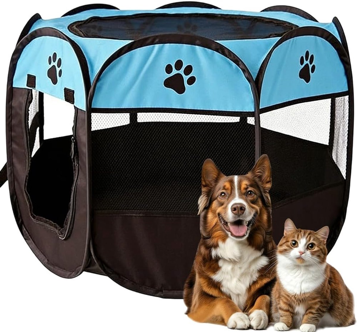 Opvouwbare hondenren voor woning, kattenverblijf, konijnenren binnen, voor hondenbox, katten, hazen en kleine dieren, zowel binnen als buiten (blauw, S, pootmotief)