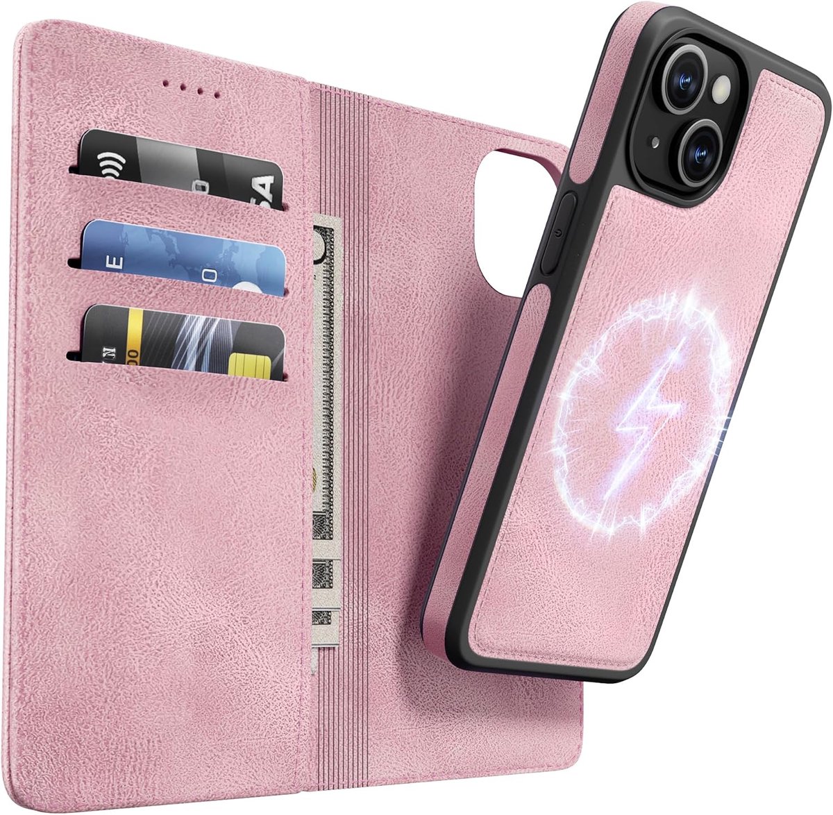 IPhone 13 hoes, 2-in-1, magnetisch, afneembaar, draadloos opladen, schokbestendig, beschermhoes, leren hoes, klaphoes, telefoonhoes voor iPhone 13, roze