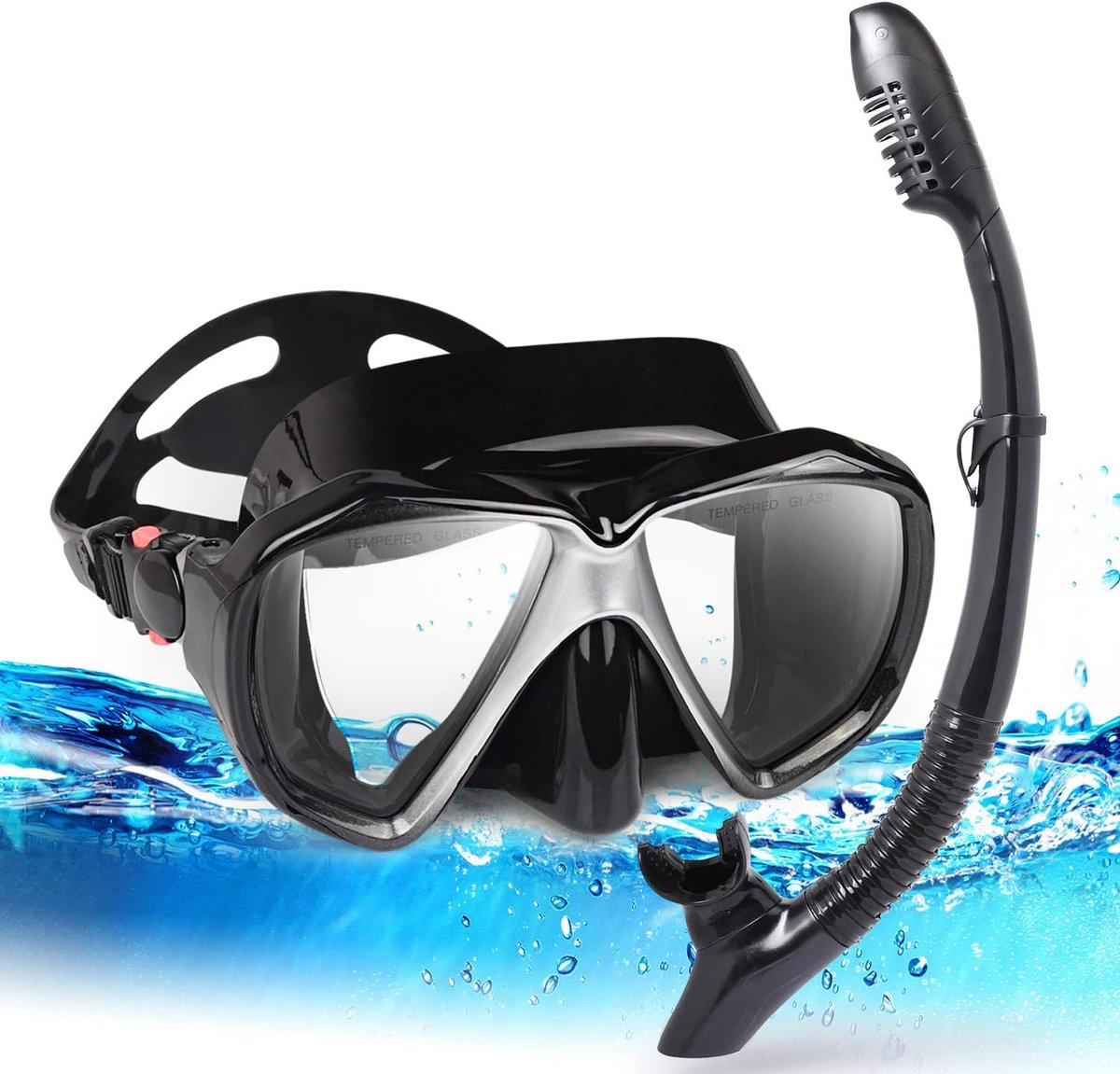 Snorkelset voor volwassenen, professionele snorkeluitrusting, panoramisch, anti-condens, duikbril en droog snorkelen, gehard glas, duikmasker voor duiken, snorkelen en zwemmen
