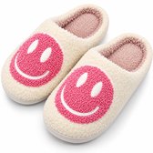 Smiley Sloffen Dames & Heren – Warme Pantoffels – Fluffy Gevoerd – Instapmodel – Antislip Zool – Wit/Roze - 36/37