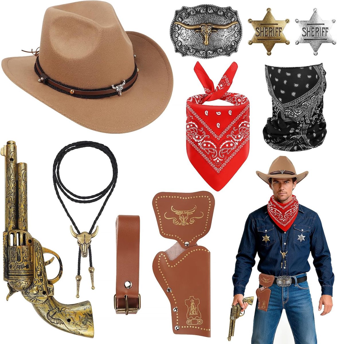 10 stuks Cowboy Fancy Dress Accessoireset voor Heren voor Carnaval Cosplay
