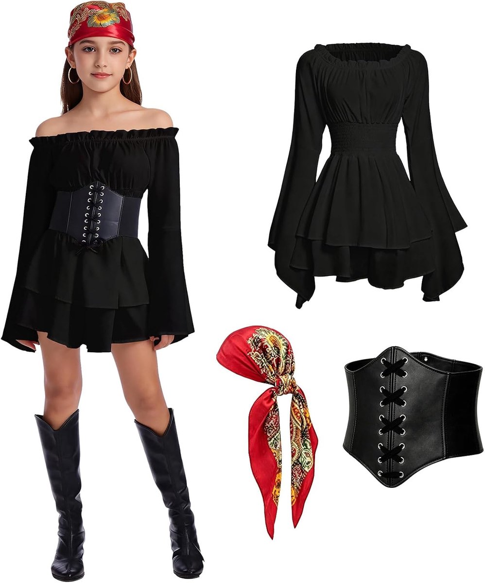 3-delig piraten-prinsessenkostuum voor meisjes, Halloween cosplay feest.