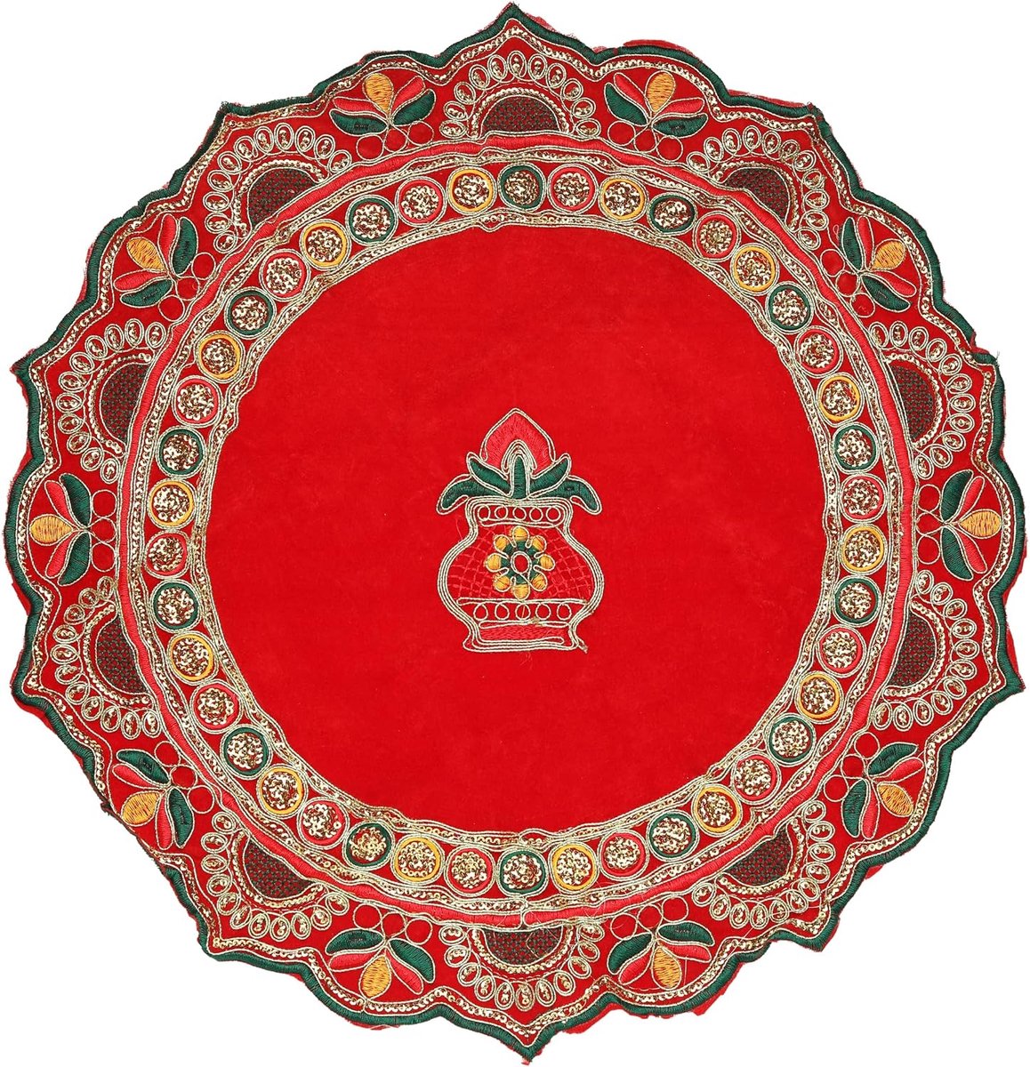Red Pooja Velvet Cloth Mat Aasan Decorative Cloth with Sequence Work for Indian Traditional Ganesha Decorations Multipurpose Pooja Festival Temple Thali Cover Puja Articles (Size :- 18" X18")