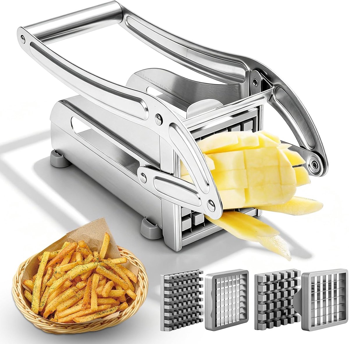 Roestvrij staal, aardappelsnijder met 2 mesmaten, 36/64 raster, frietpers met antislip rubberen basis, groentesnijder voor zelfgemaakte friet, fruit en groenten, keukenhulp