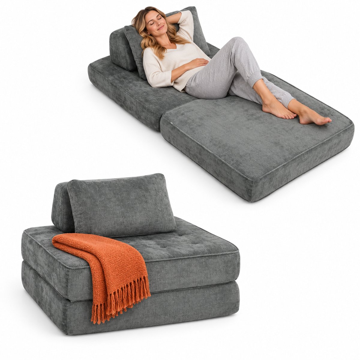 ROLIPO Slaapbank 1 persoons - 2 in 1 - Comfortabel & Makkelijk in gebruik - Logeerbed opbouwbaar -97x97x70cm- Bedbank - Slaapstoel - Zetelbed - Grijs