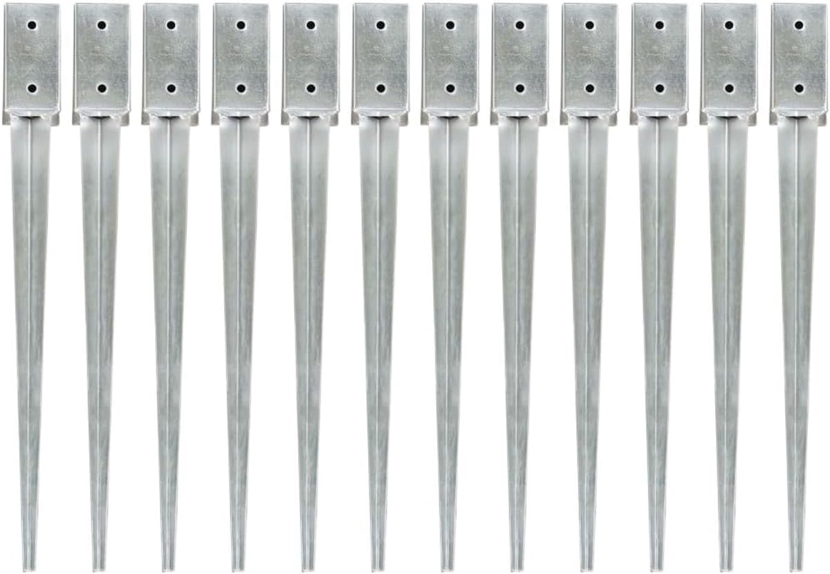 12 STK. Inslagbodemhulzen 7x7x75 cm, grondankers van verzinkt staal voor hekpalen, paaldrager voor tuinbouw, zilver