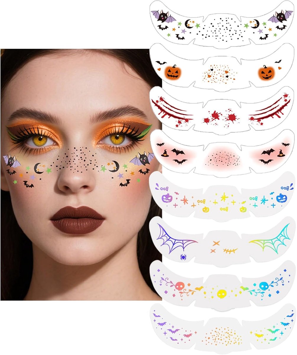 Glittergezichtstattoo voor Halloween en festival, 8 huidvriendelijke ontwerpen voor dames, ideaal voor feestjes, kostuum en make-up-looks