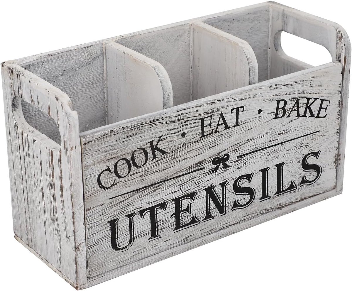 Houder met 3 Compartimenten Aanrecht Houten Opslag Organizer Boerderij Keuken Decor Wit