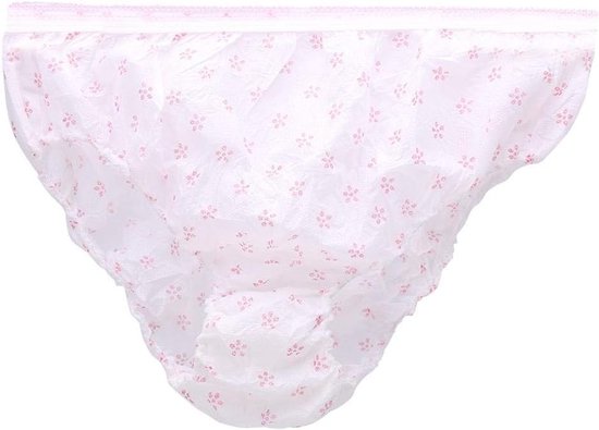 Wegwerp-onderbroek in wit met roze bloemenpatroon en roze randje.